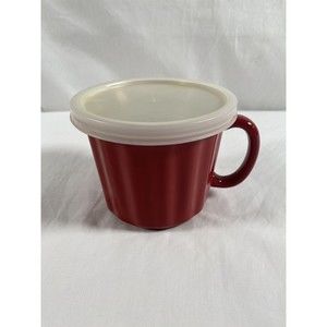 Good Cook Stoneware Red & White Ribbed Ramekin 16oz Coffee Soup Mug Cup Lid